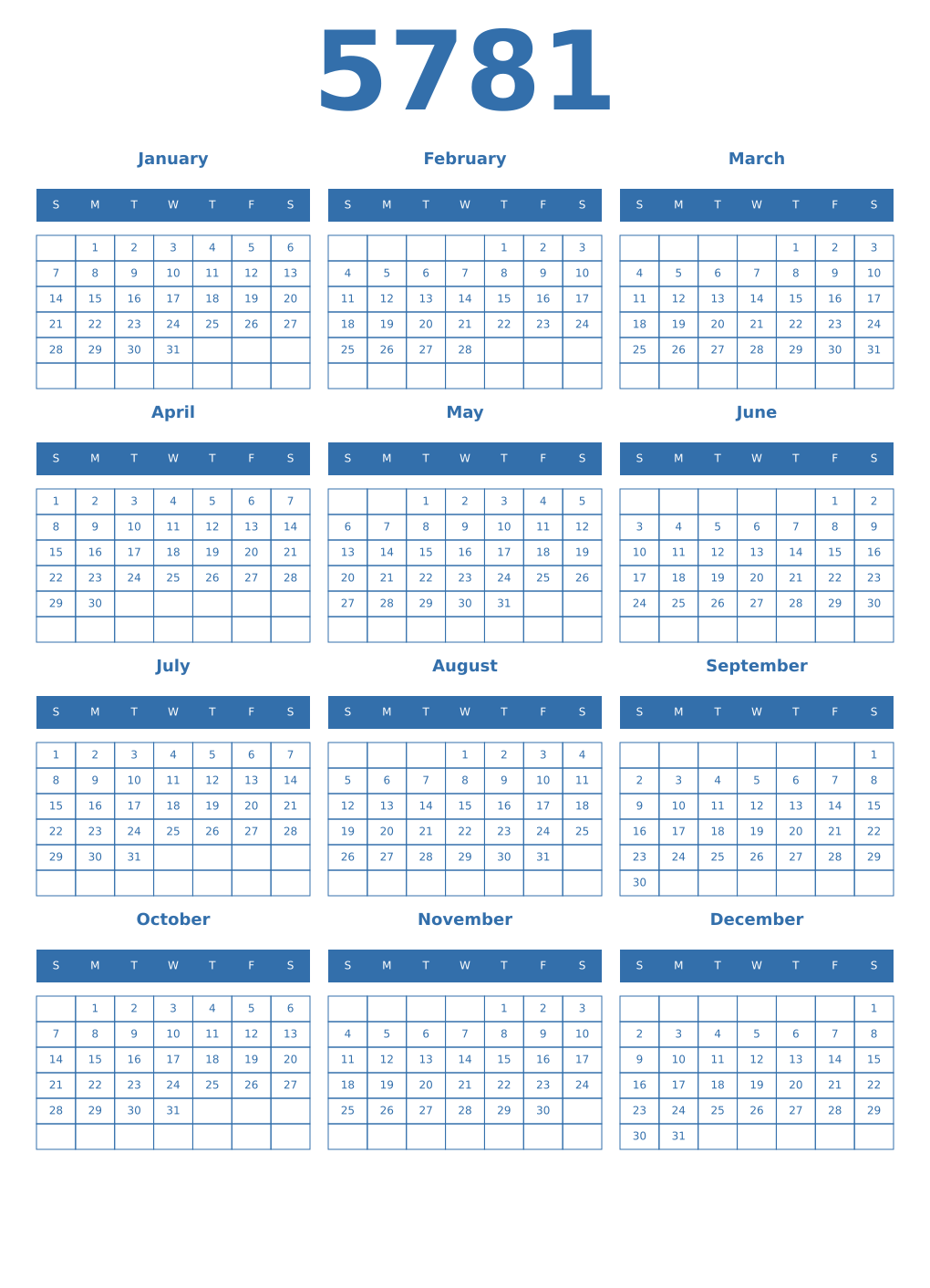 Printable 5781 Year Calendars blue