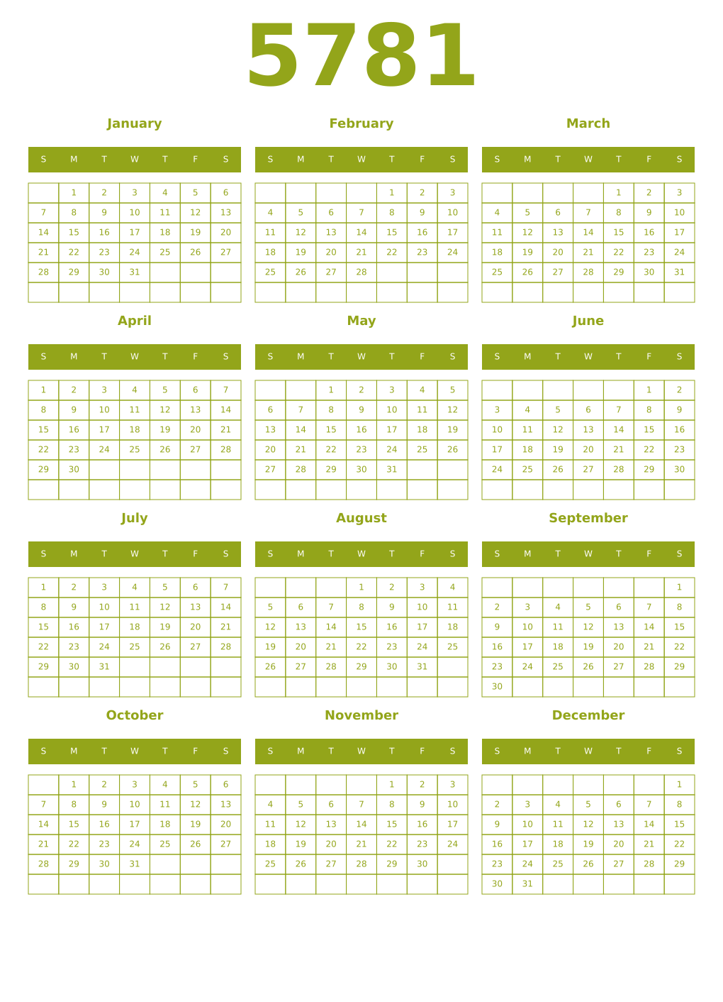 Printable 5781 Year Calendars chartreuse