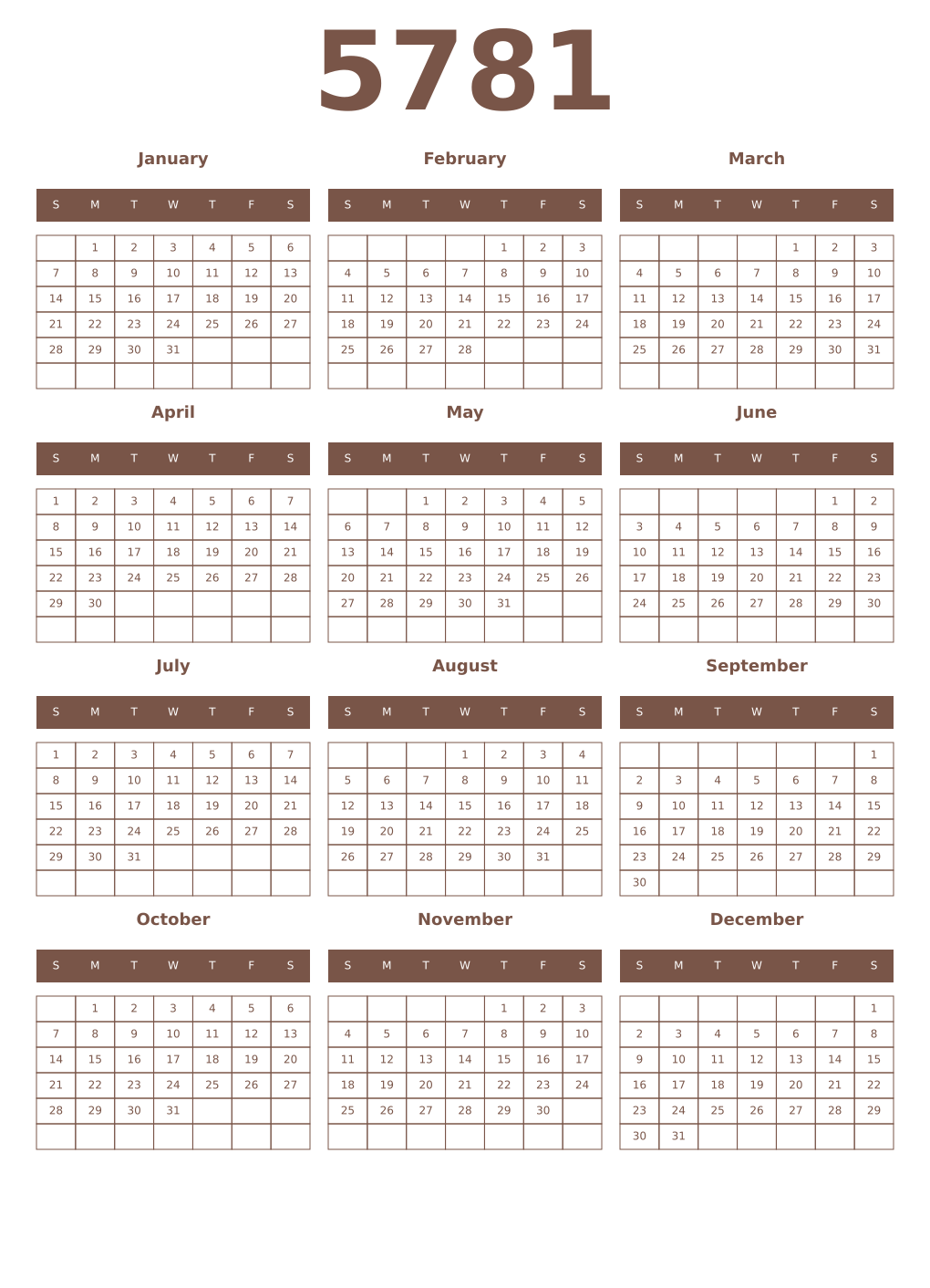 Printable 5781 Year Calendars coffe