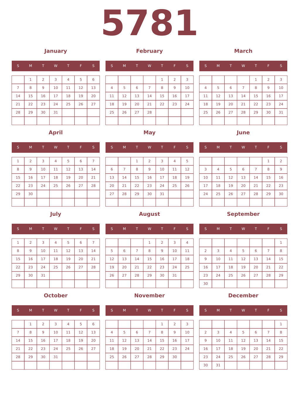 Printable 5781 Year Calendars cordovan