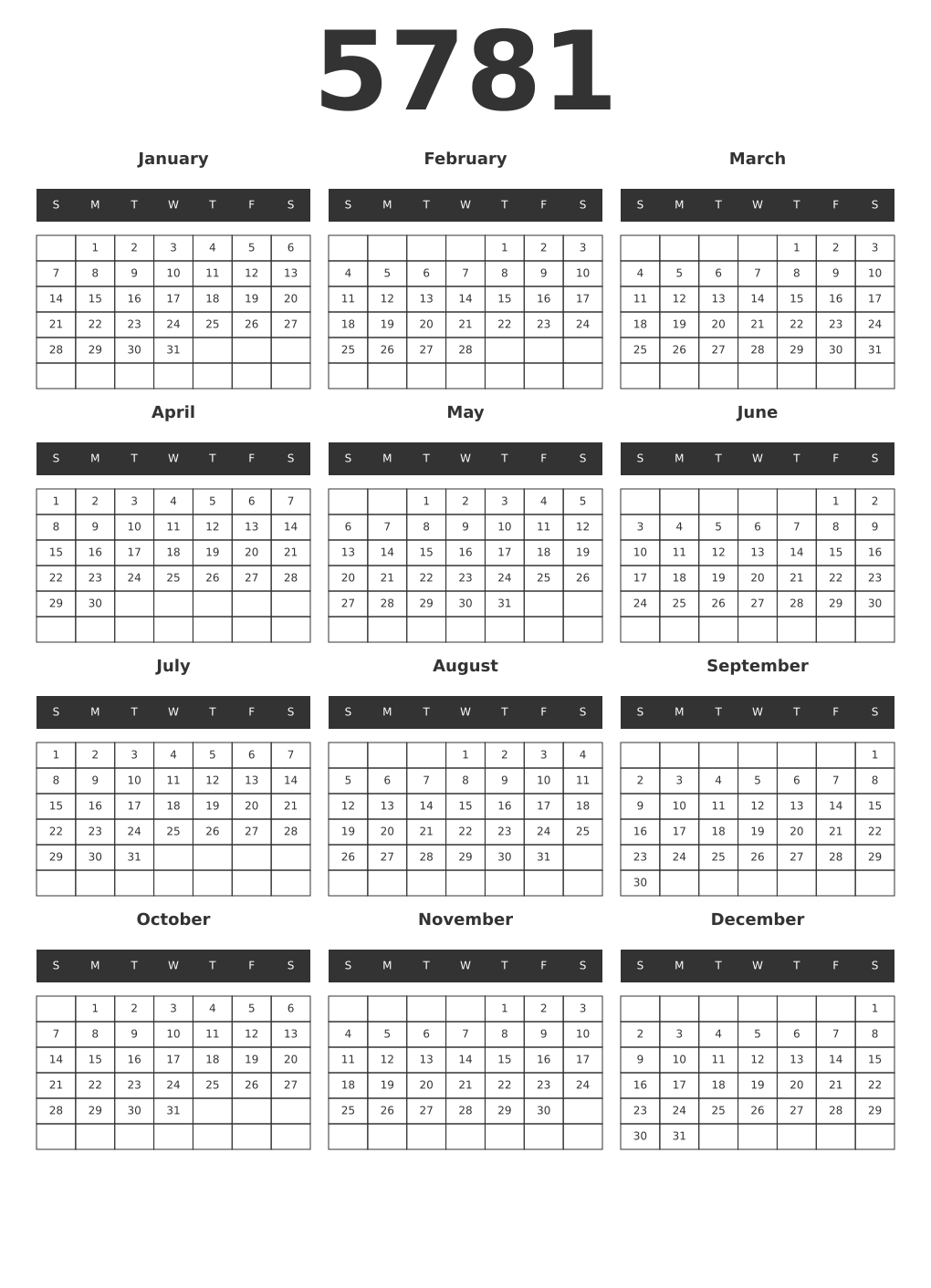Printable 5781 Year Calendars dark