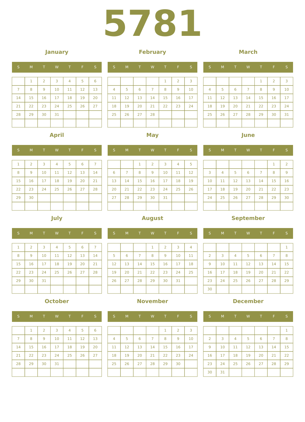 Printable 5781 Year Calendars eburnean