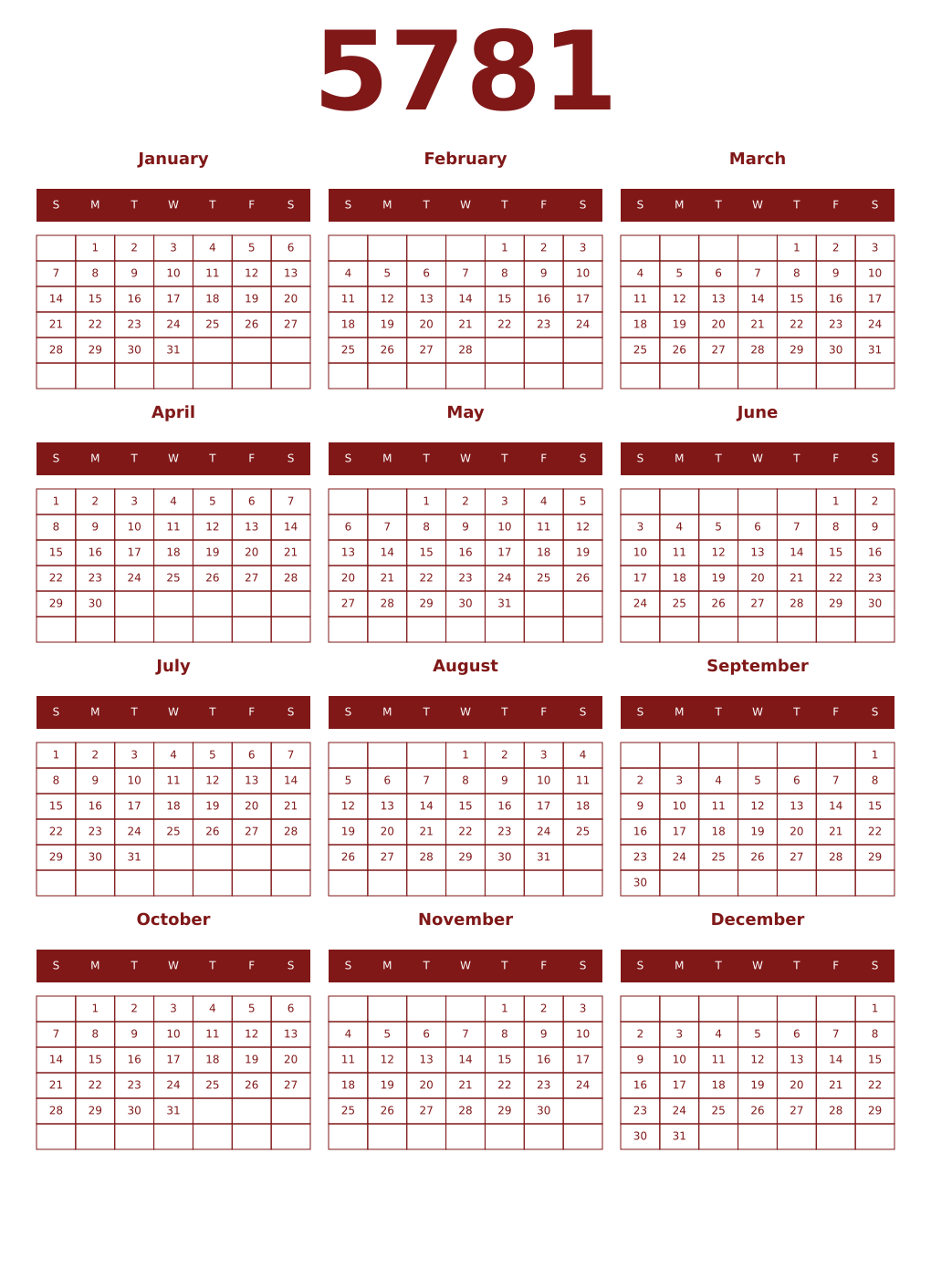 Printable 5781 Year Calendars falu