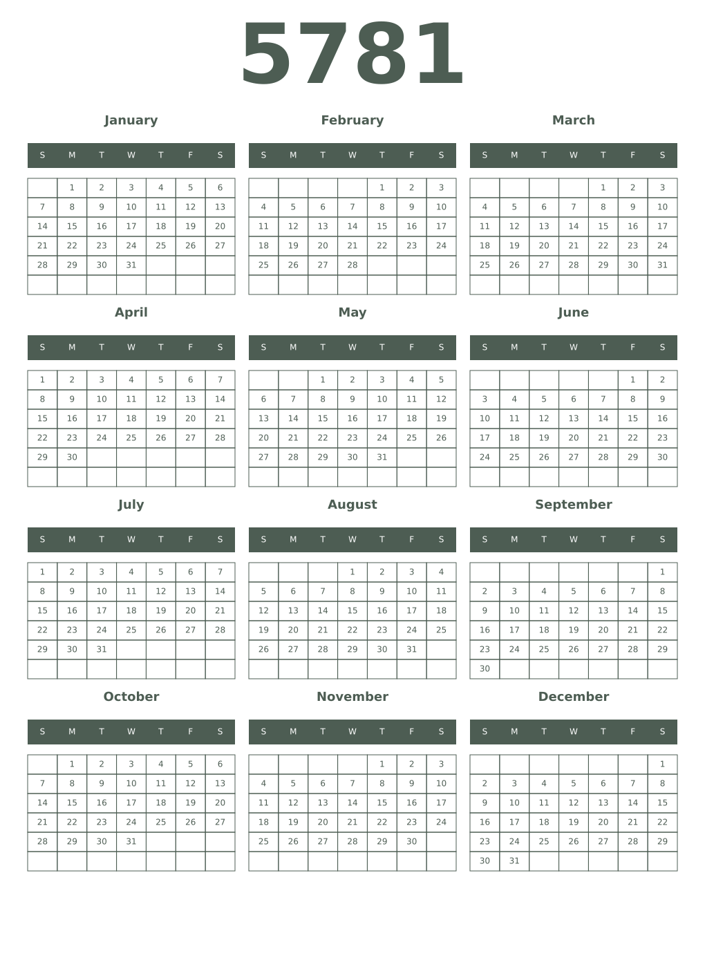 Printable 5781 Year Calendars feldgrau