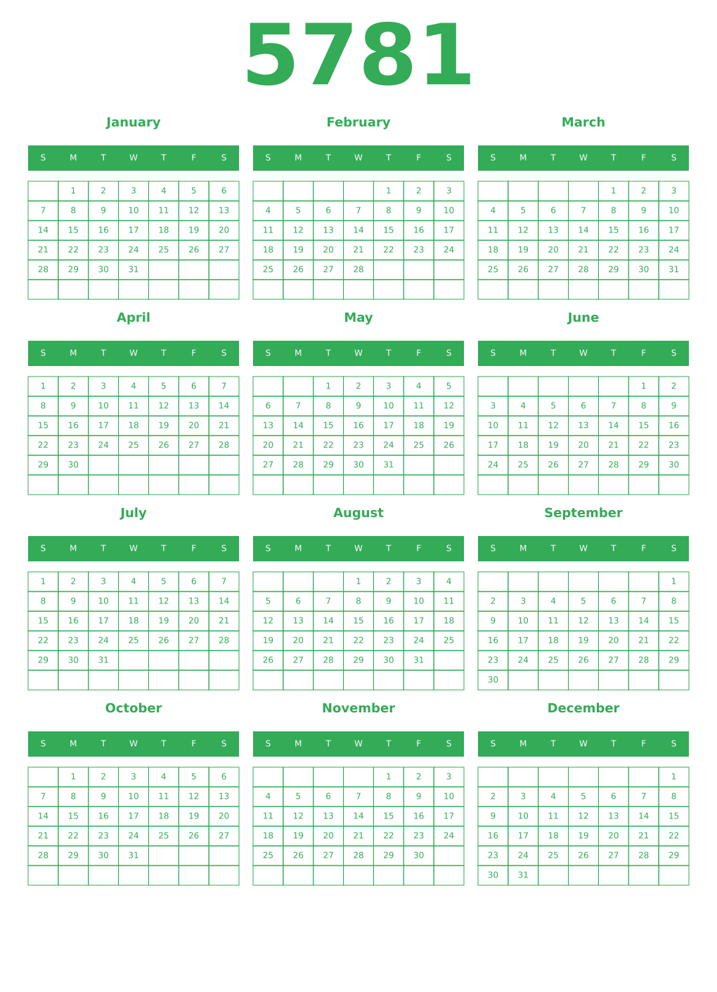 Printable 5781 Year Calendars green