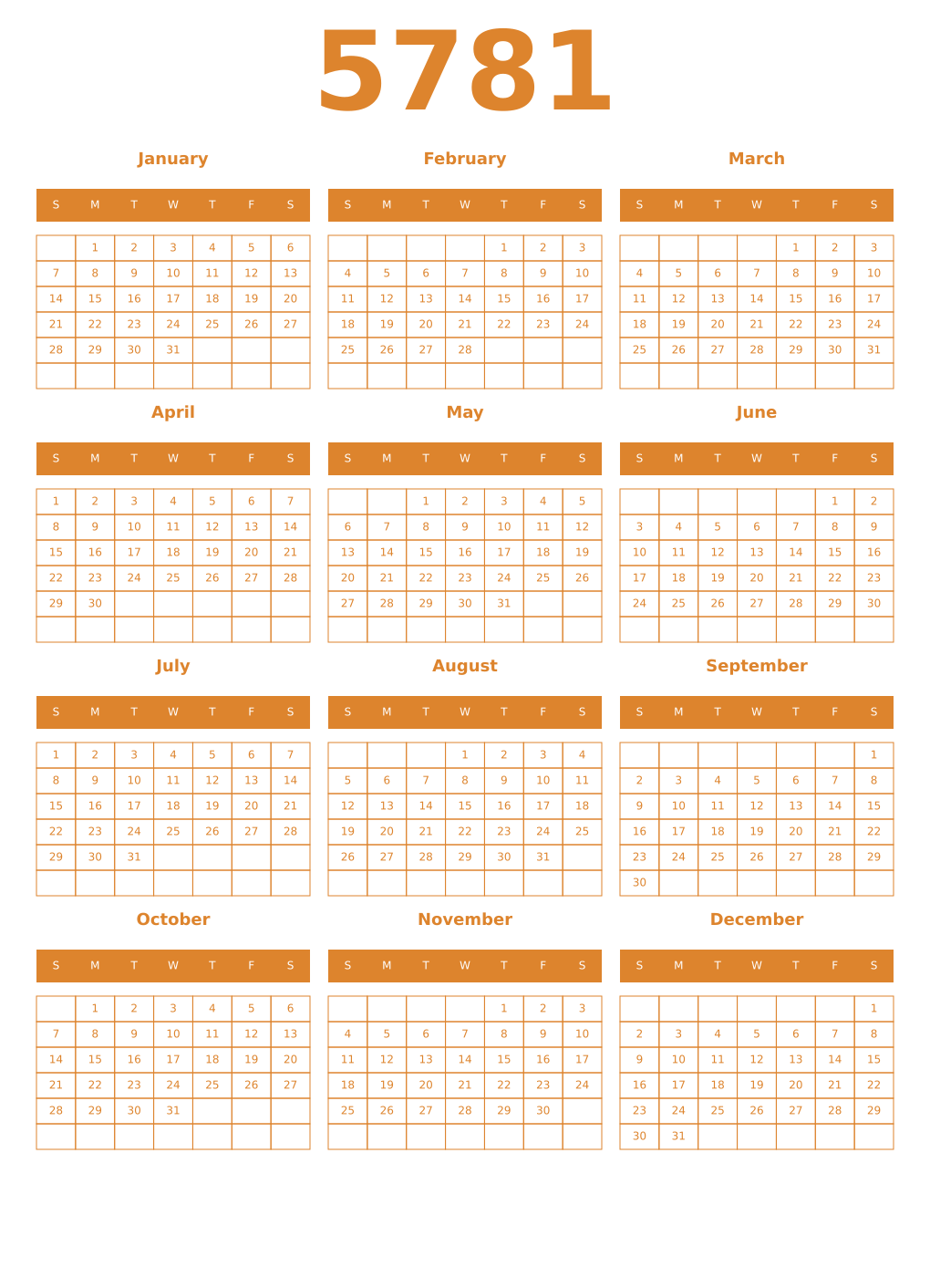 Printable 5781 Year Calendars orange
