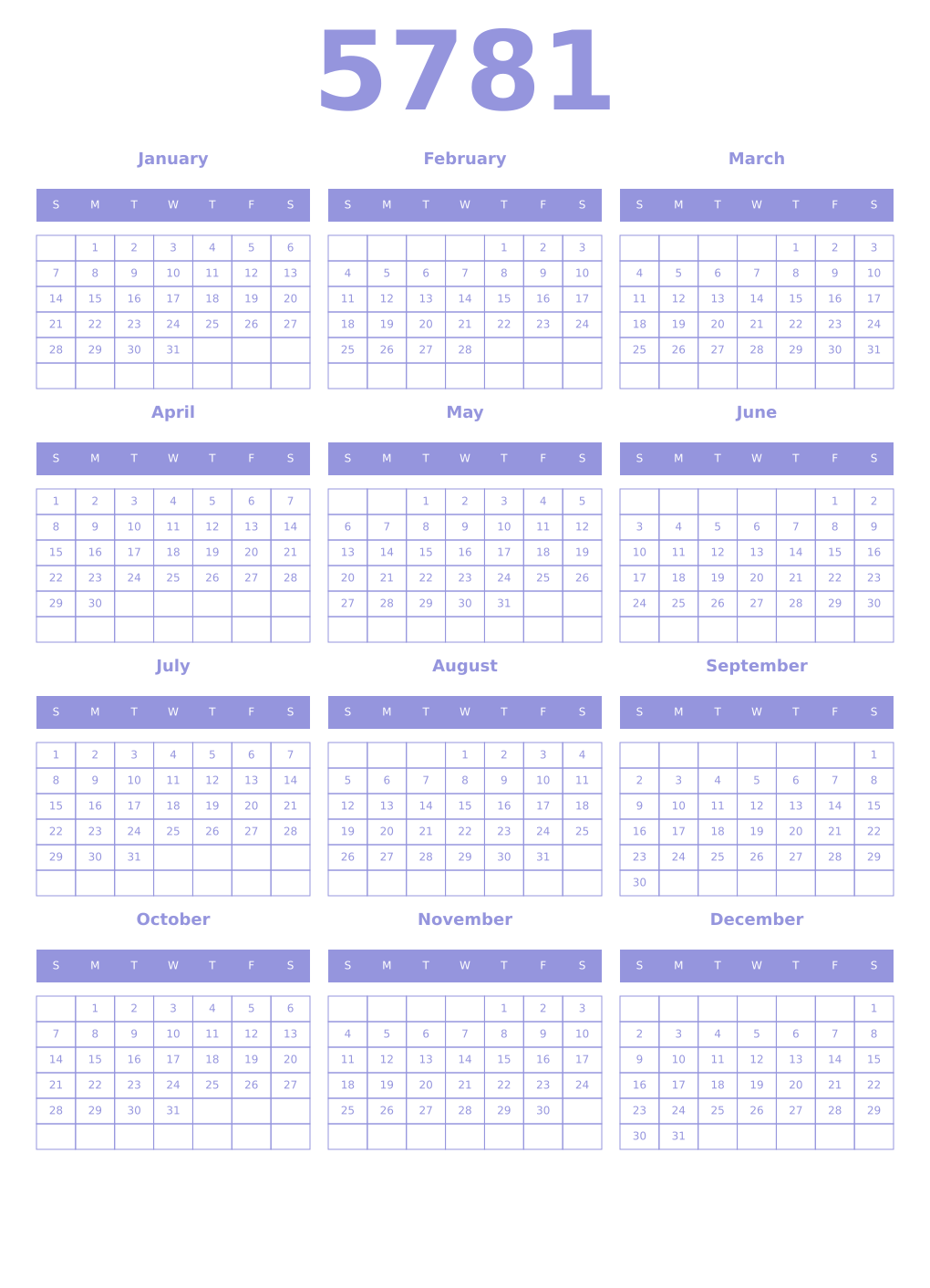 Printable 5781 Year Calendars periwinkle