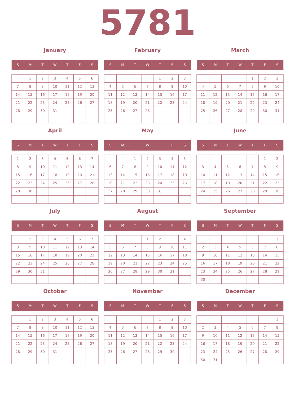 Printable 5781 Year Calendars puce