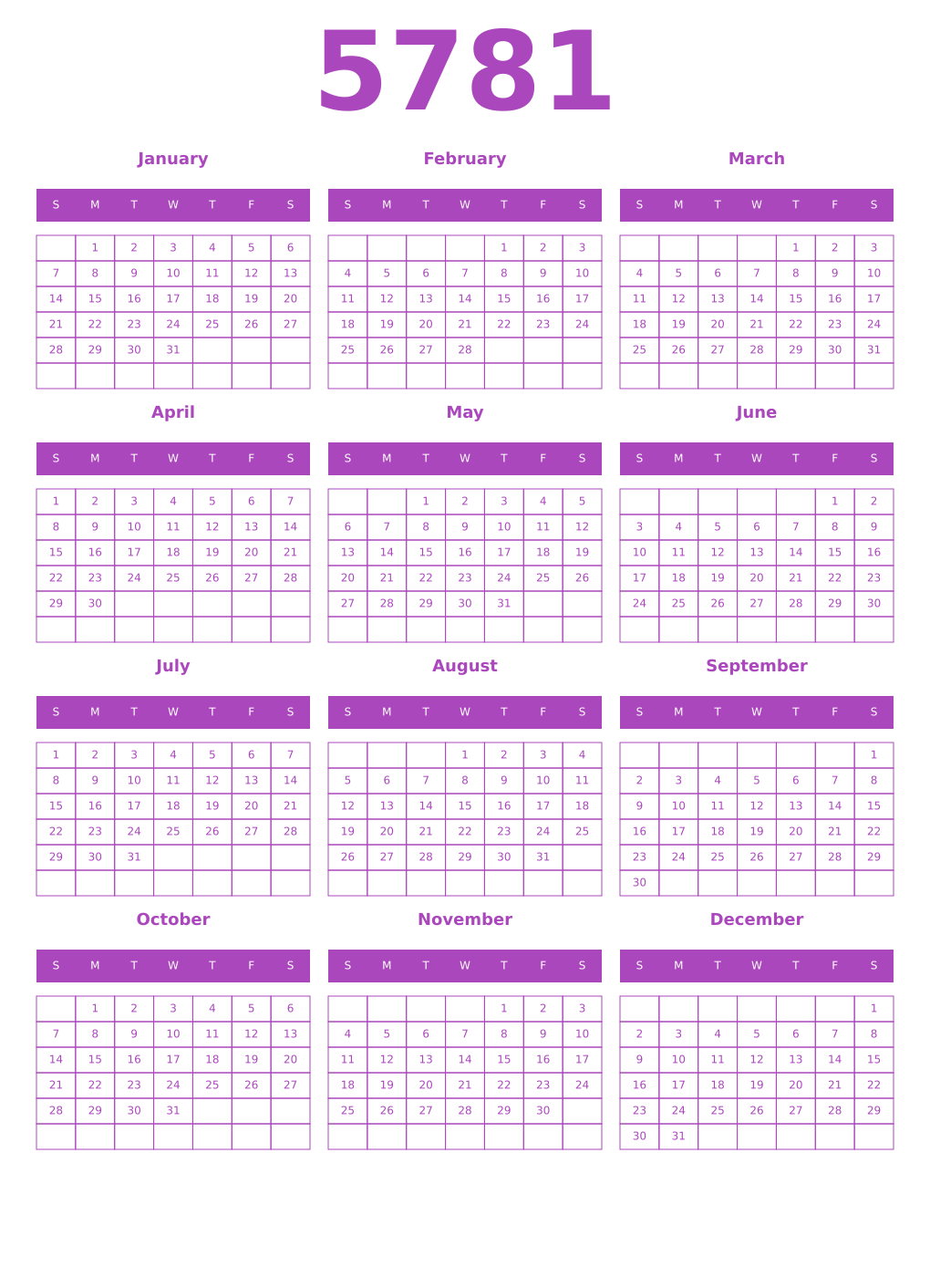 Printable 5781 Year Calendars purple