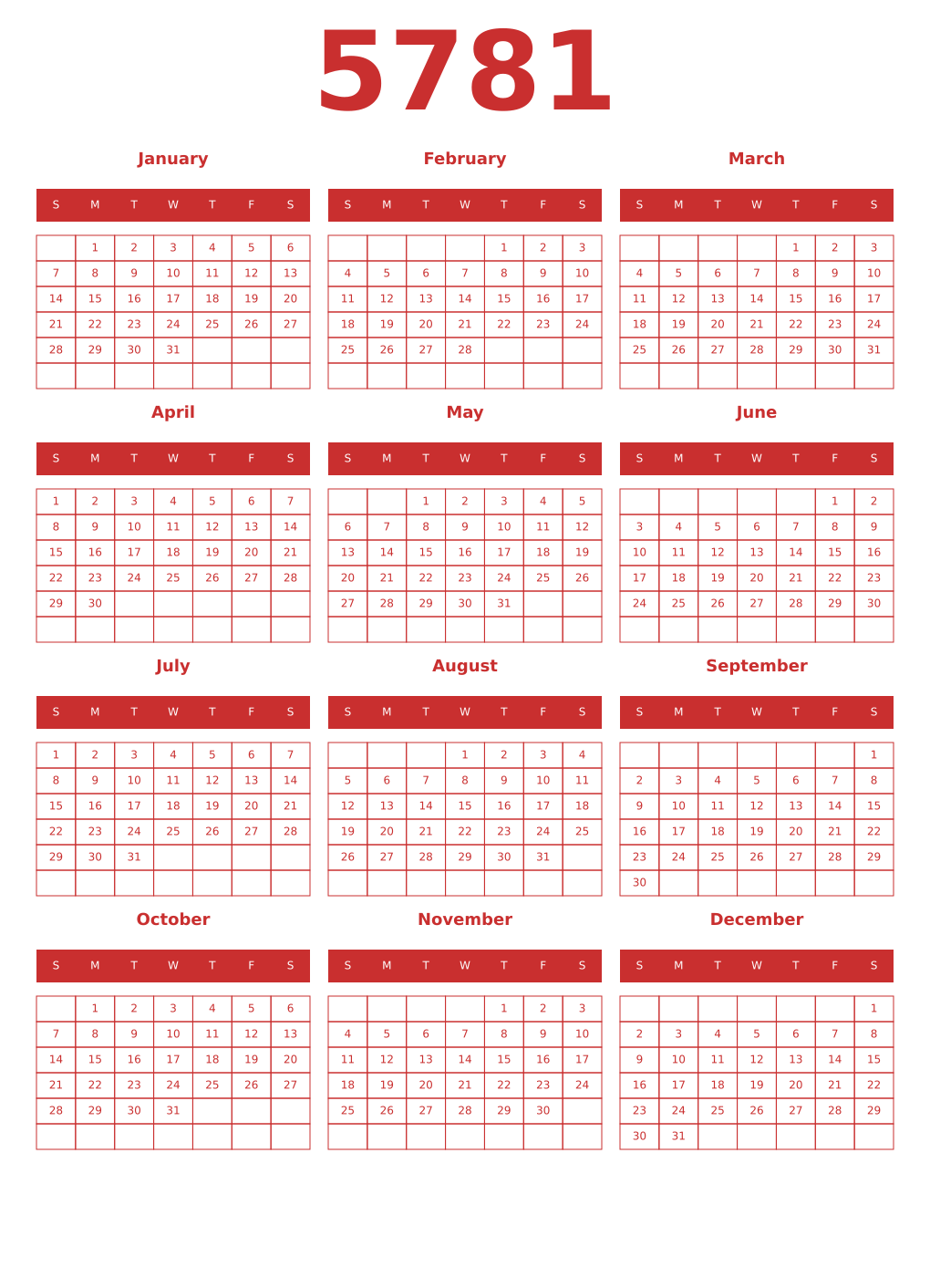 Printable 5781 Year Calendars red