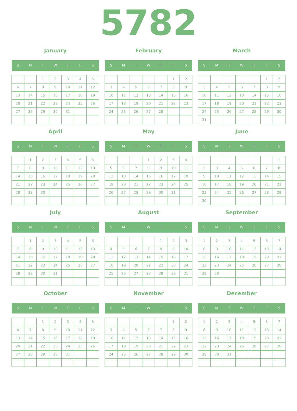 Printable 5782 Year Calendars celadon