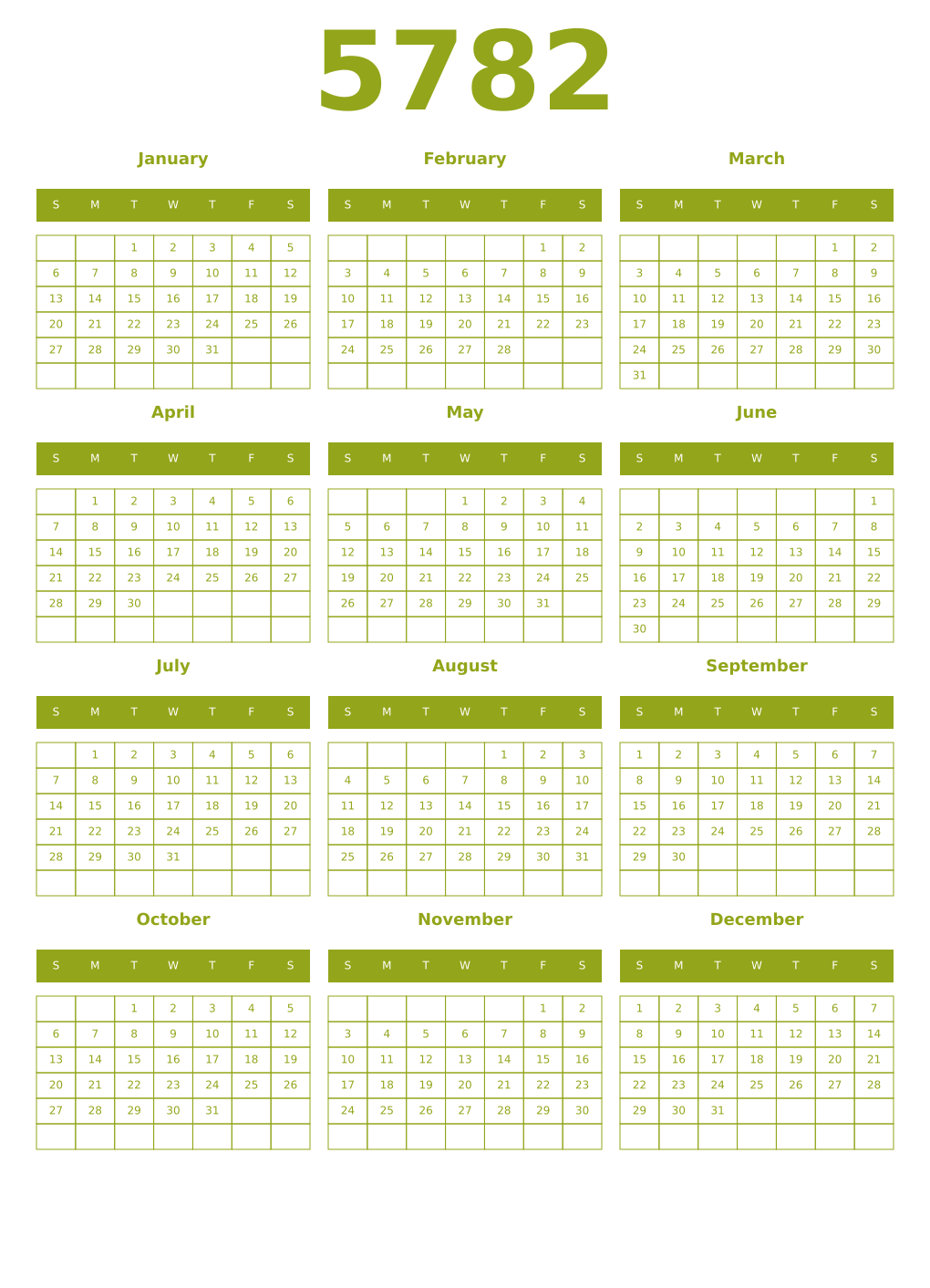 Printable 5782 Year Calendars chartreuse