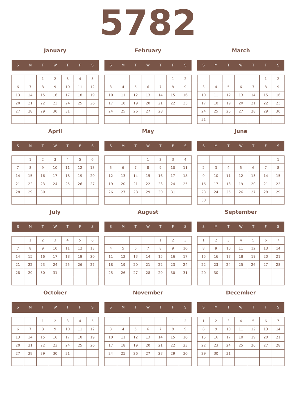 Printable 5782 Year Calendars coffe