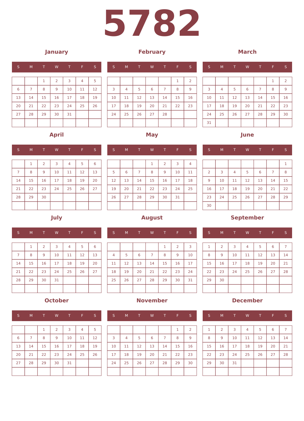 Printable 5782 Year Calendars cordovan