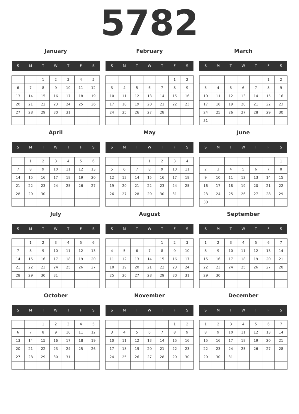 Printable 5782 Year Calendars dark