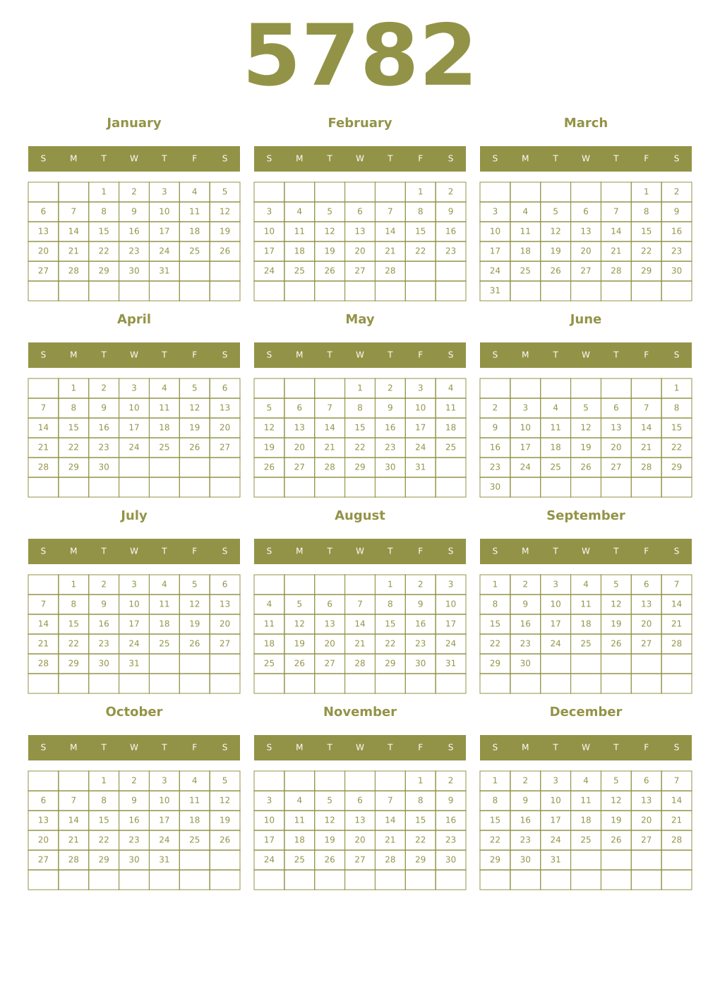 Printable 5782 Year Calendars eburnean