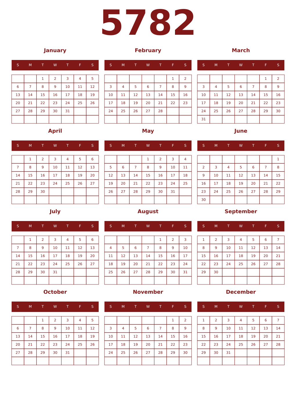 Printable 5782 Year Calendars falu