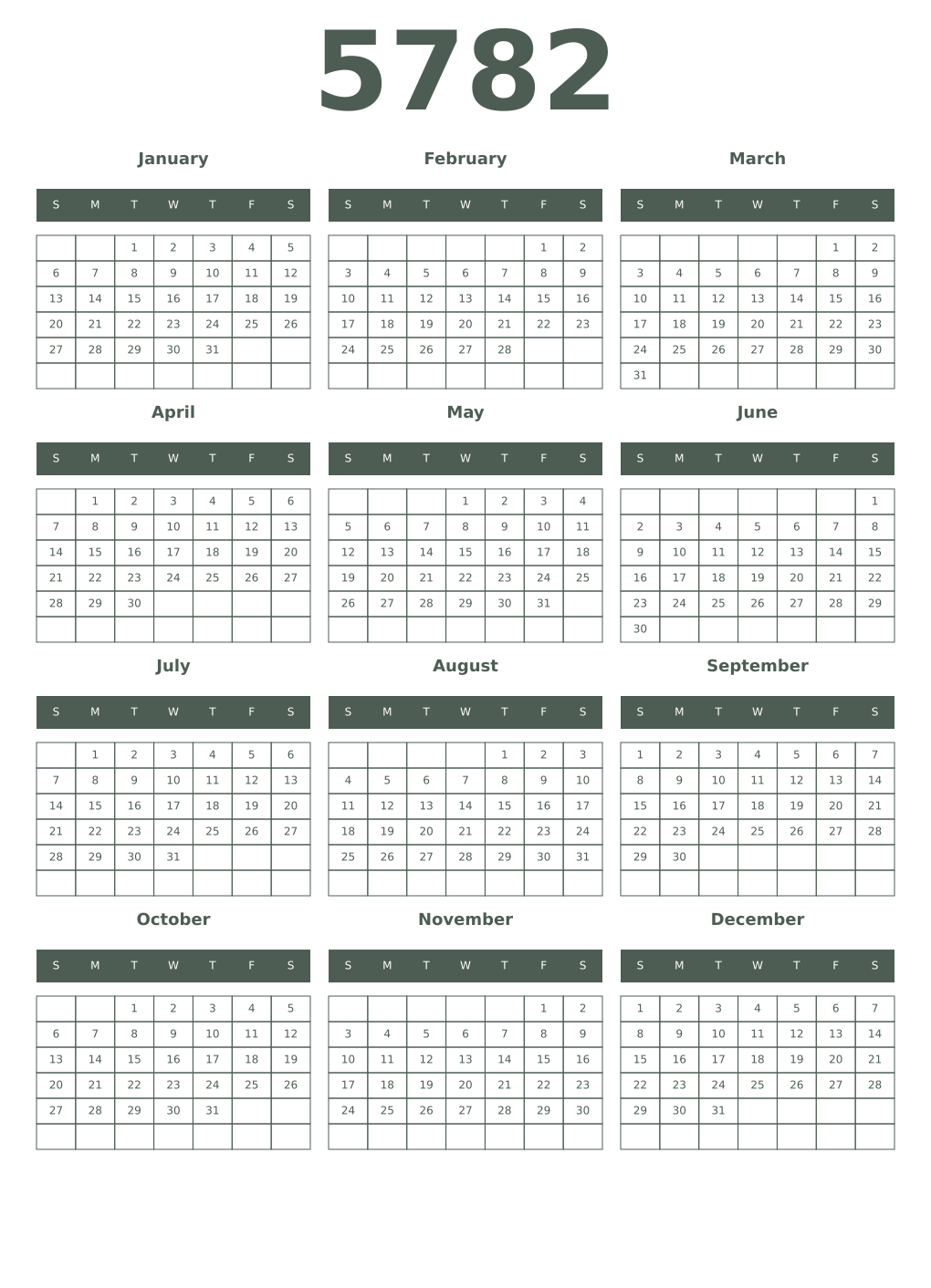Printable 5782 Year Calendars feldgrau