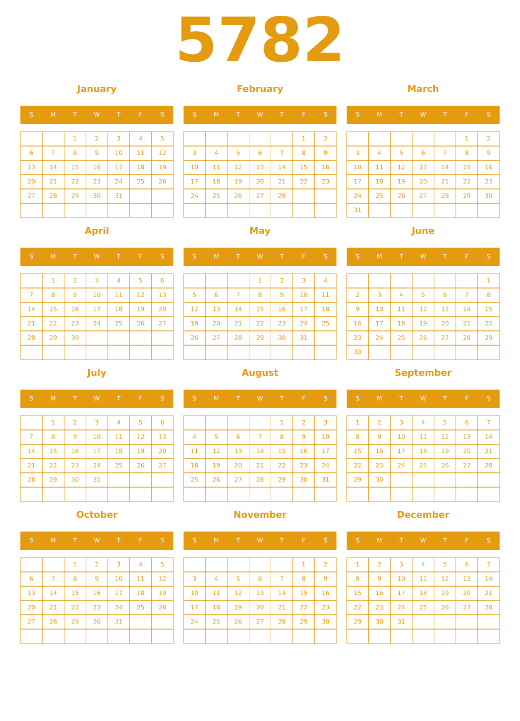 Printable 5782 Year Calendars gamboge
