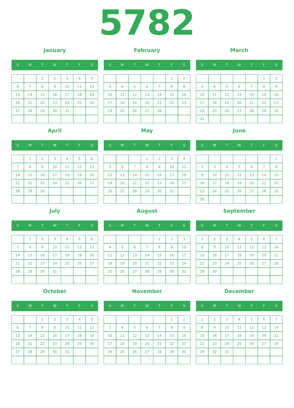 Printable 5782 Year Calendars green