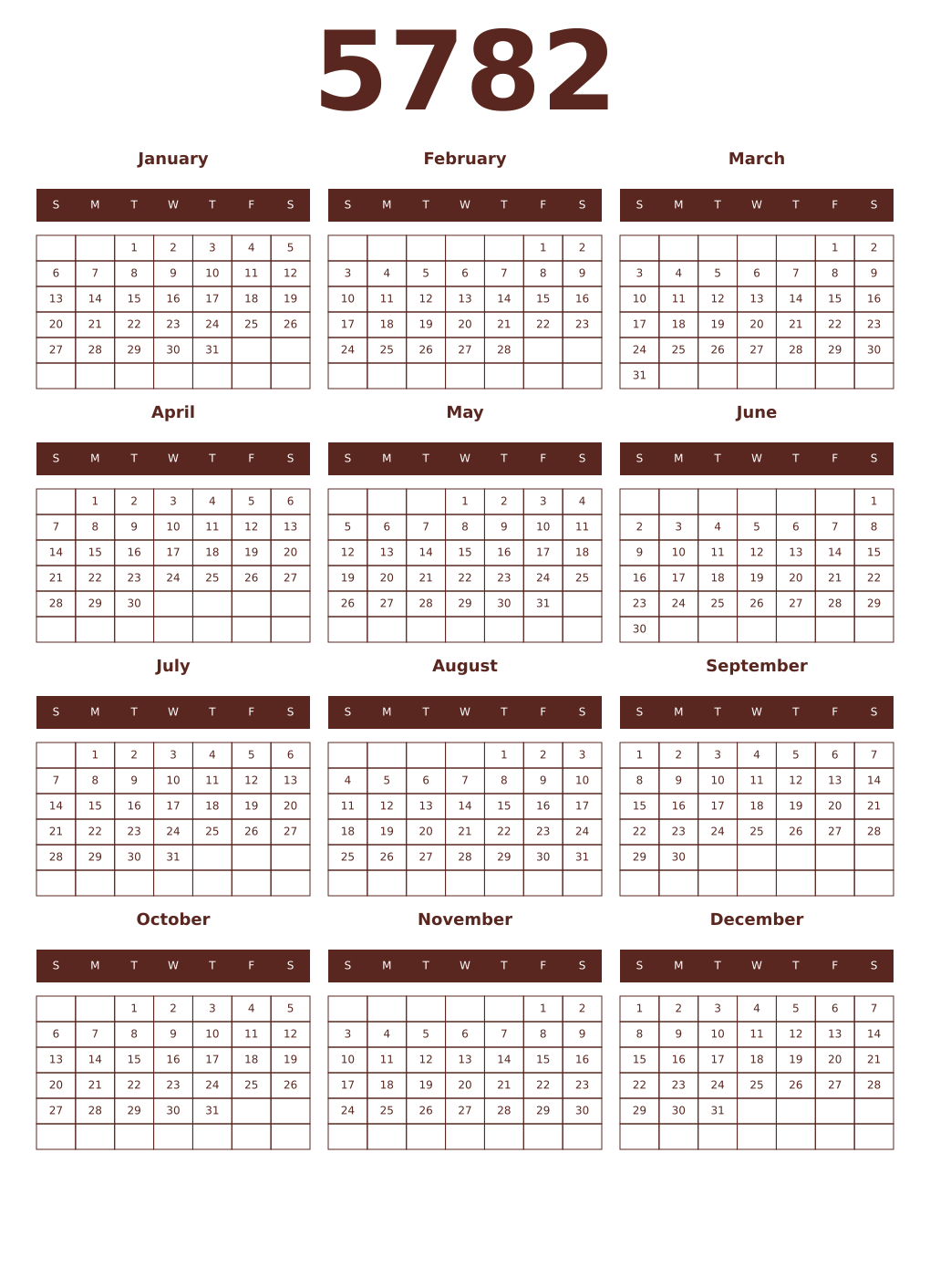 Printable 5782 Year Calendars mortuum