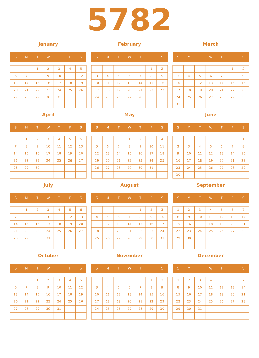 Printable 5782 Year Calendars orange