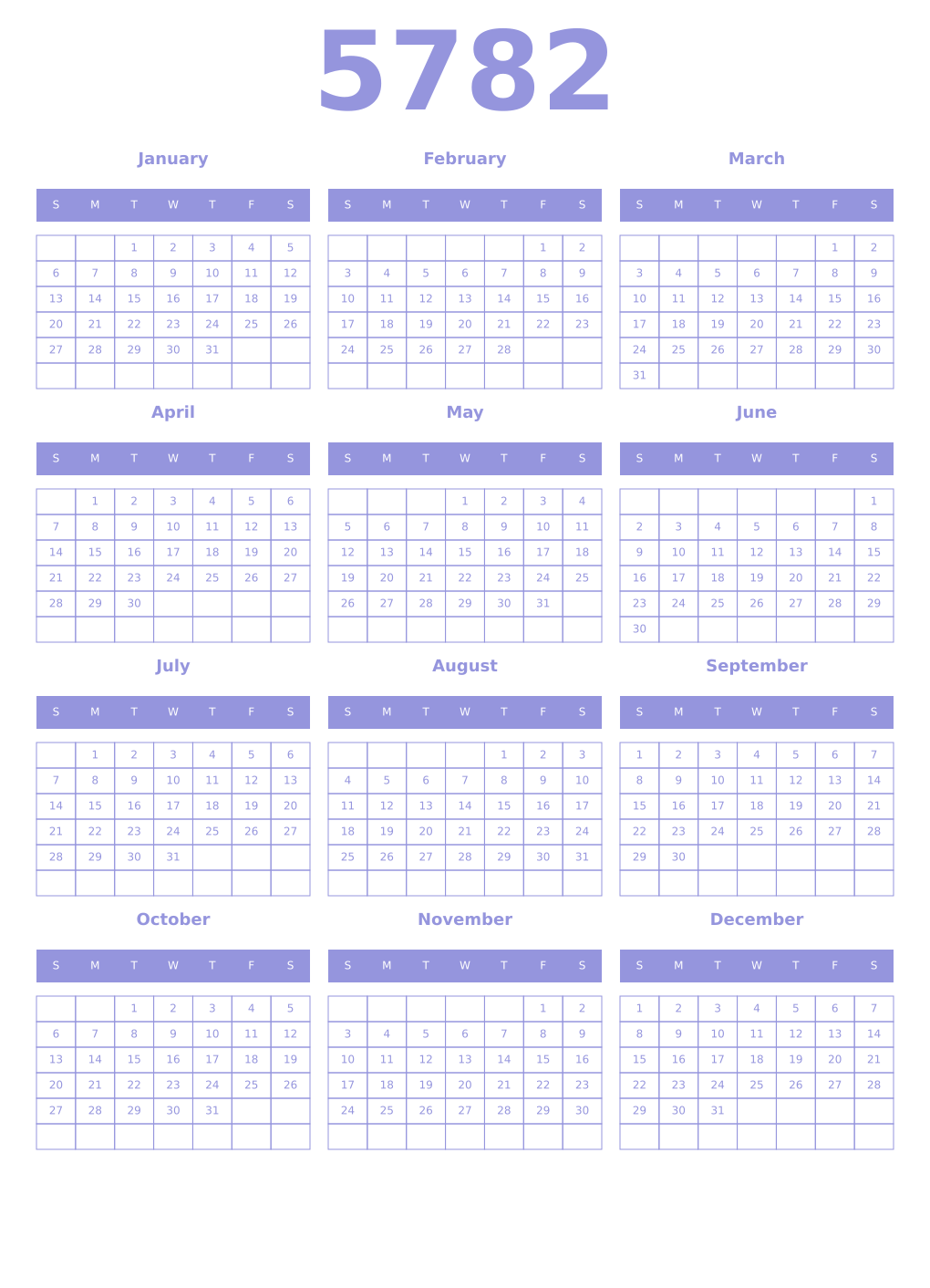 Printable 5782 Year Calendars periwinkle
