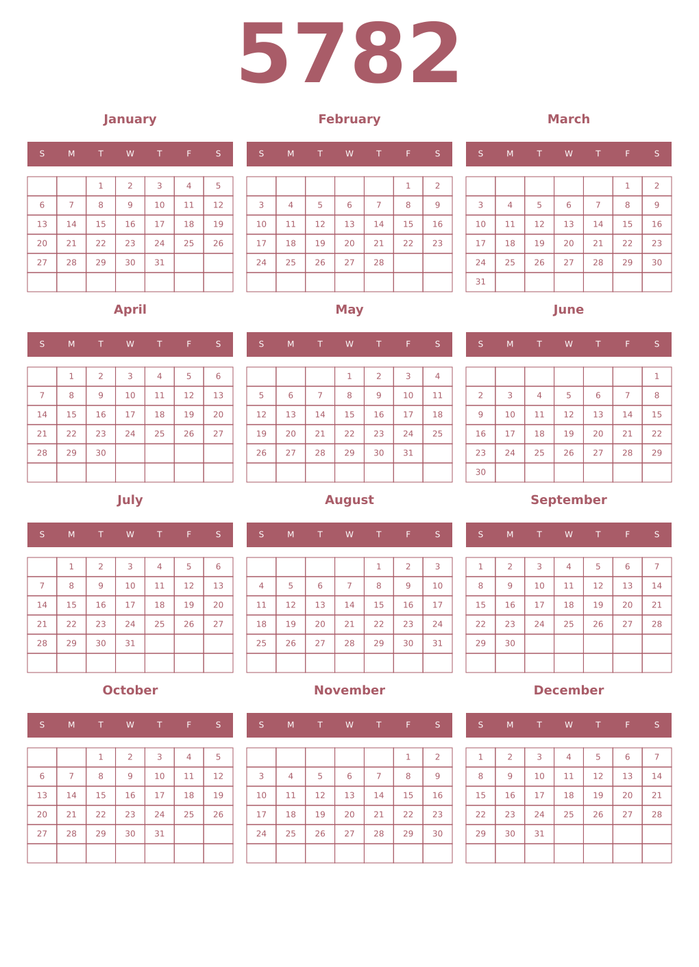 Printable 5782 Year Calendars puce