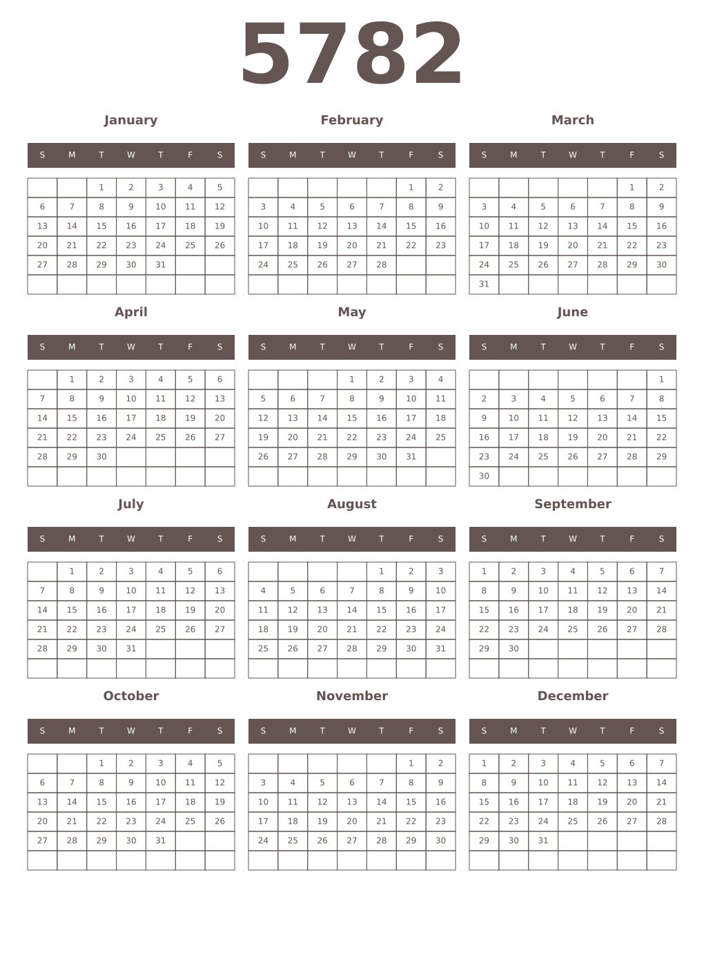 Printable 5782 Year Calendars wenge