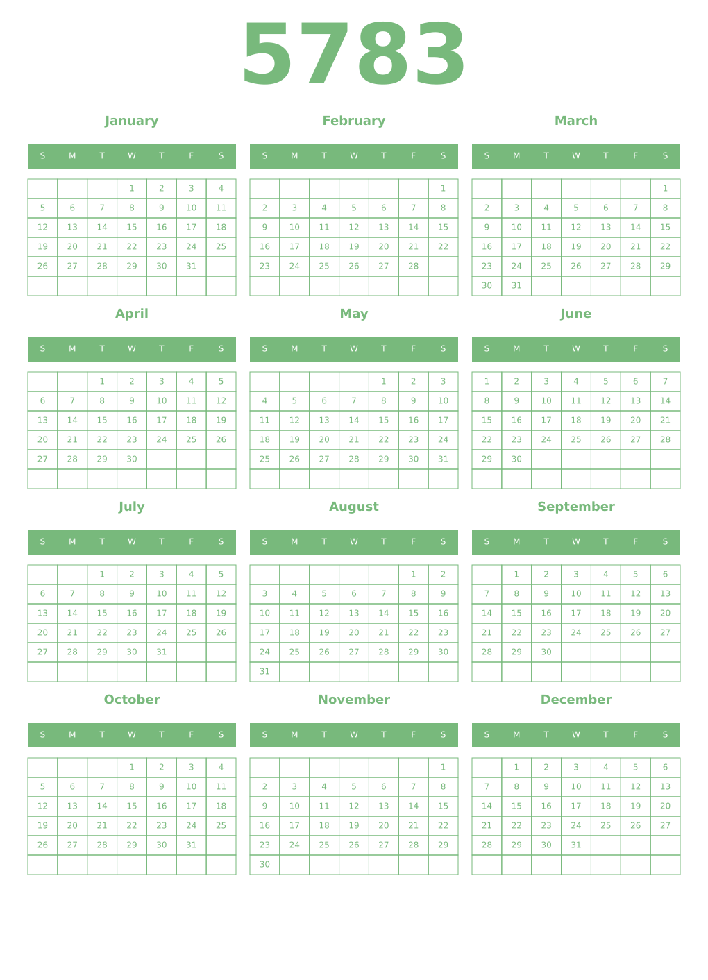 Printable 5783 Year Calendars celadon