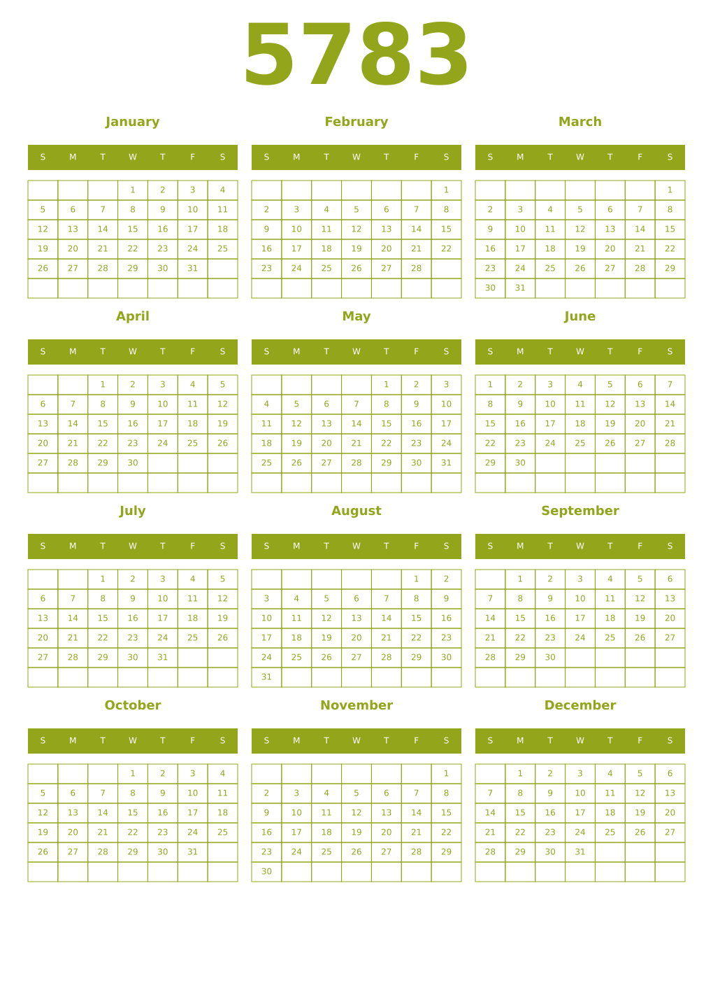 Printable 5783 Year Calendars chartreuse