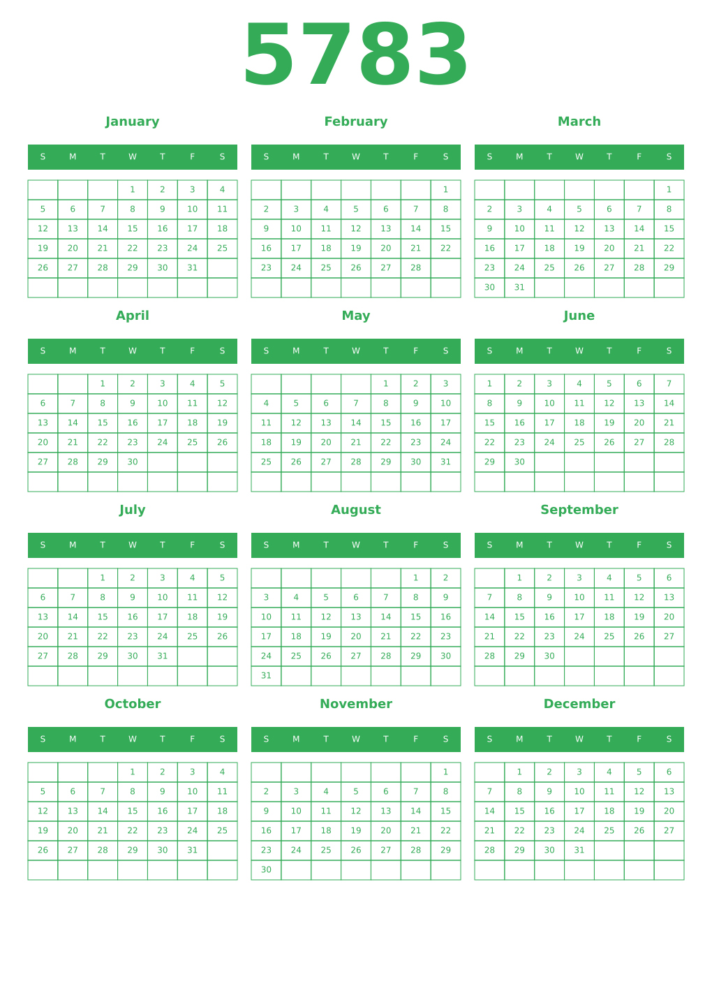 Printable 5783 Year Calendars green