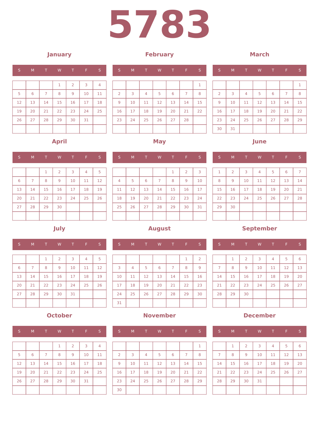 Printable 5783 Year Calendars puce