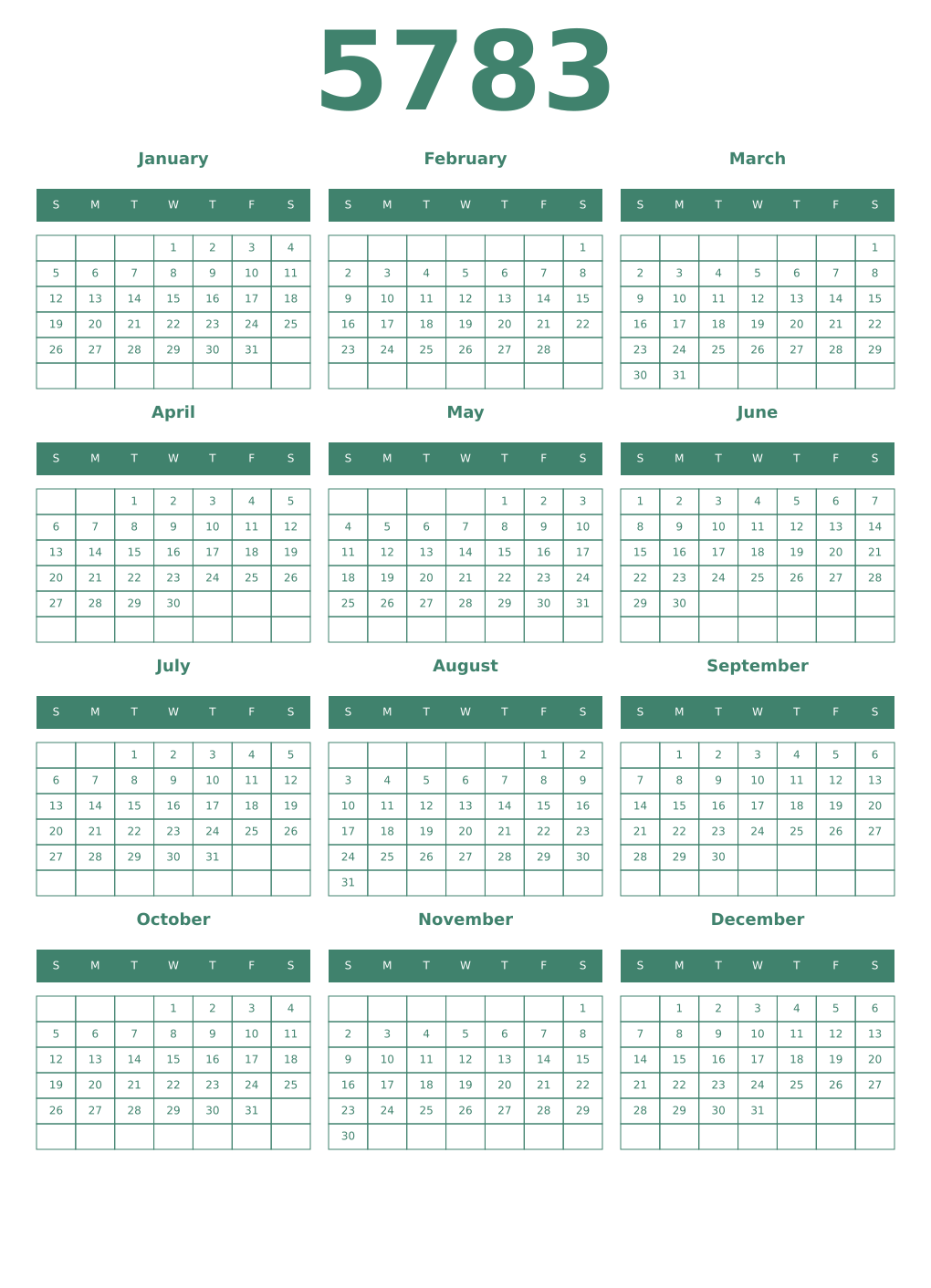 Printable 5783 Year Calendars viridian