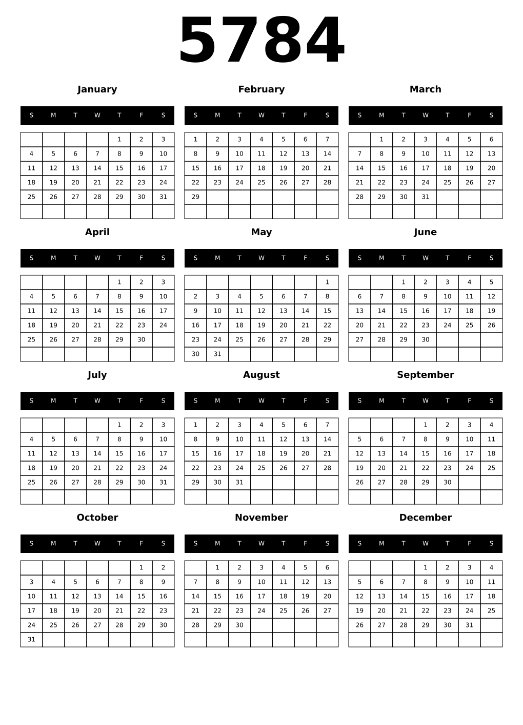 Printable 5784 Year Calendars black