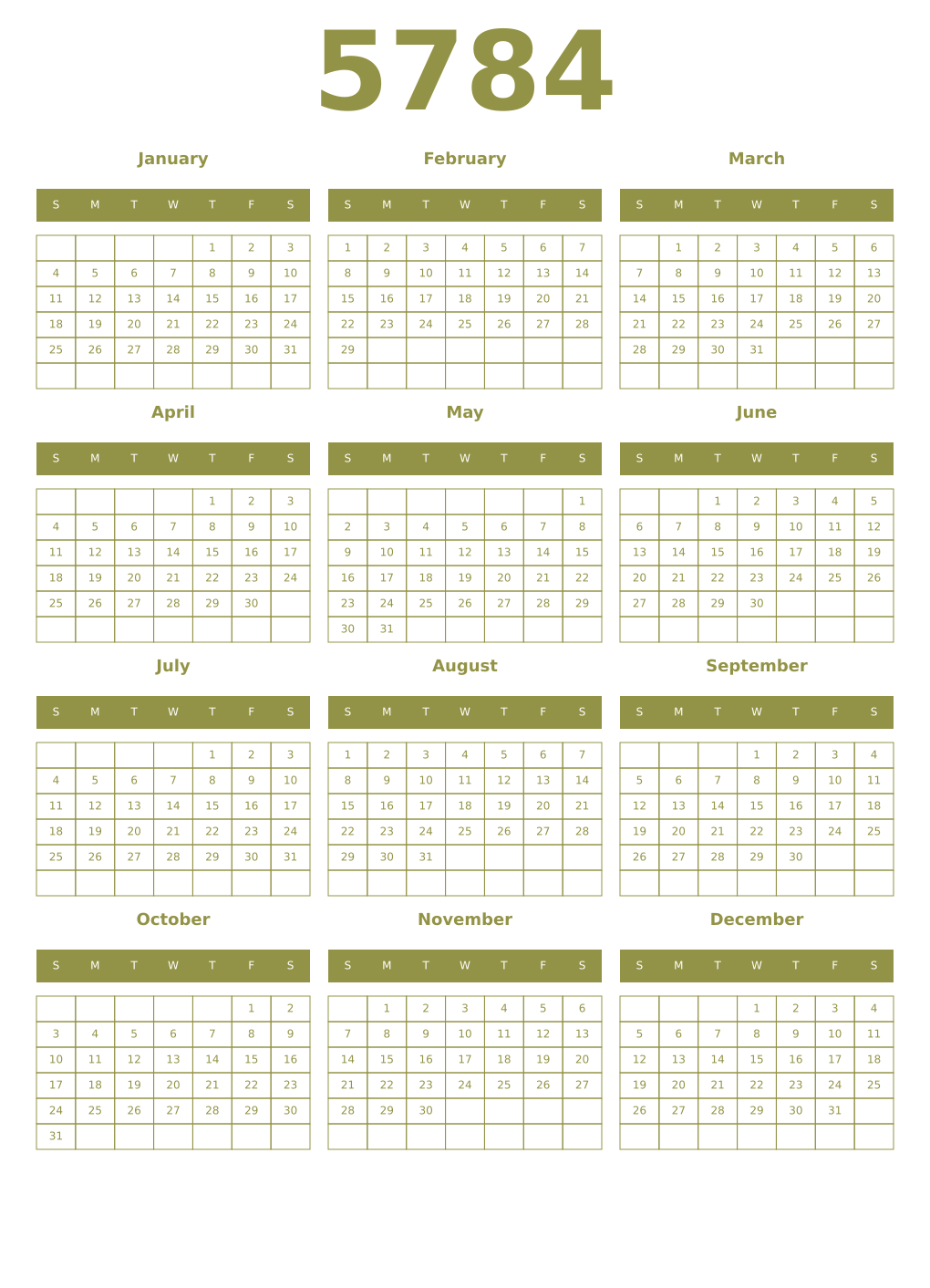 Printable 5784 Year Calendars eburnean