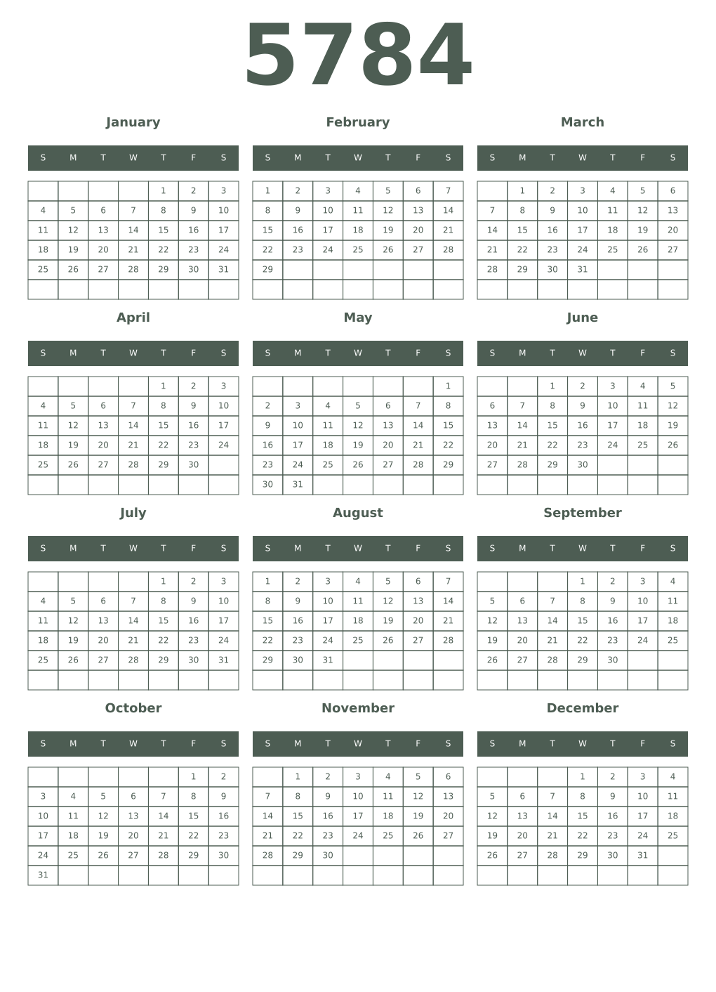 Printable 5784 Year Calendars feldgrau