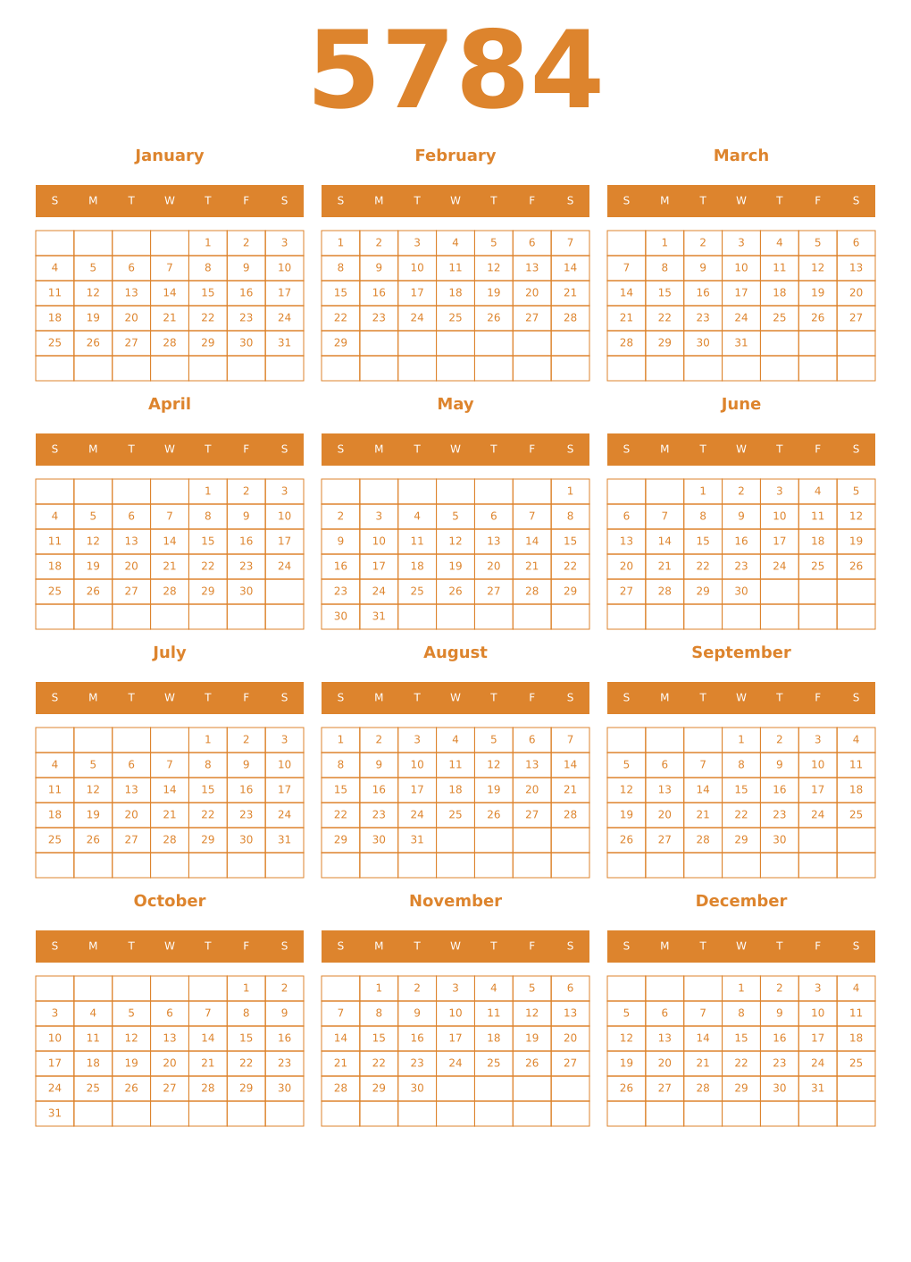 Printable 5784 Year Calendars orange