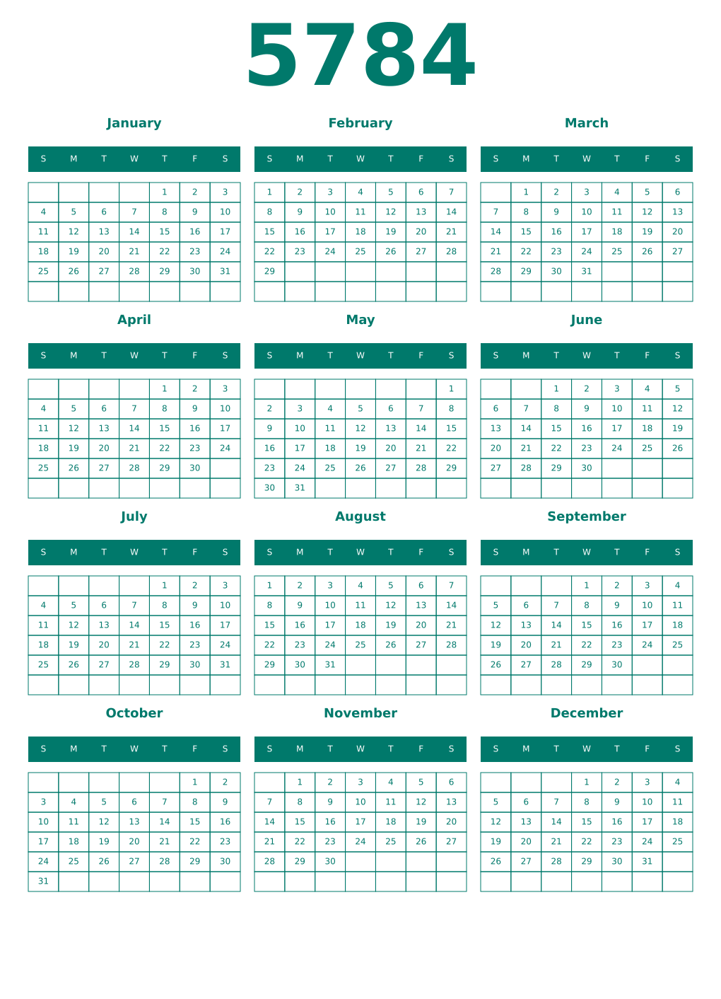 Printable 5784 Year Calendars pastel