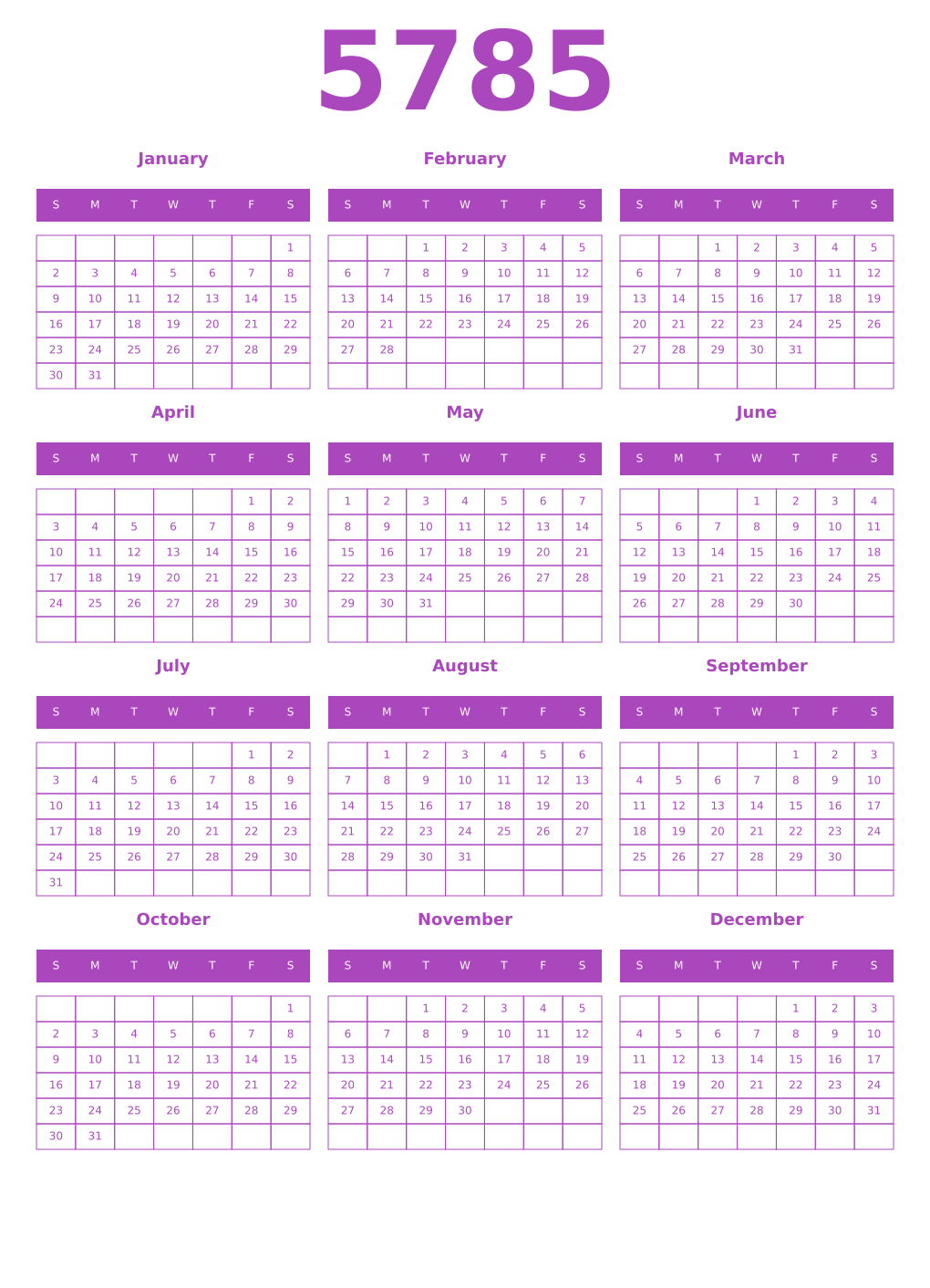 Printable 5785 Year Calendars purple