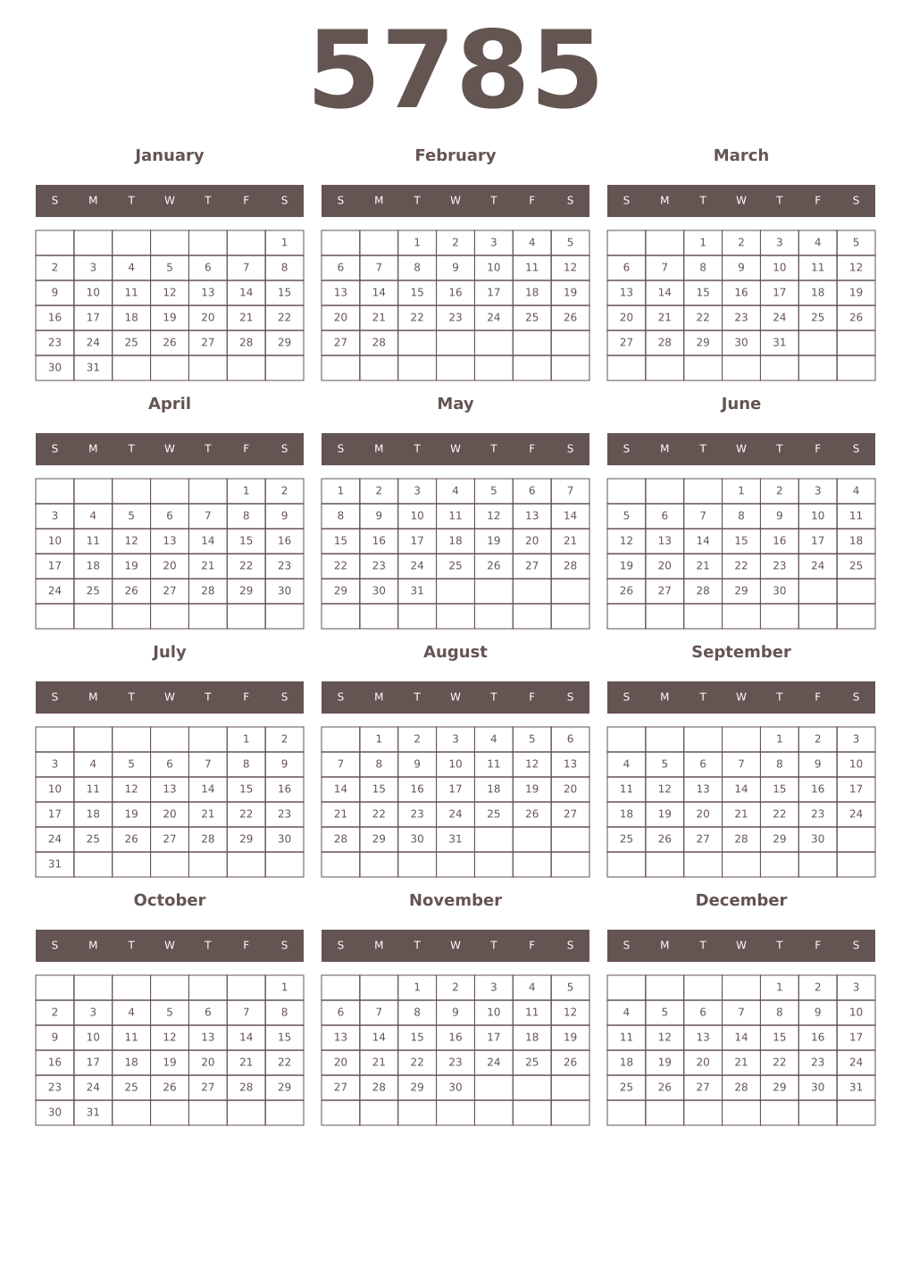 Printable 5785 Year Calendars wenge