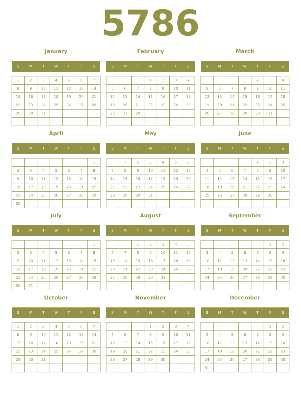 Printable 5786 Year Calendars eburnean