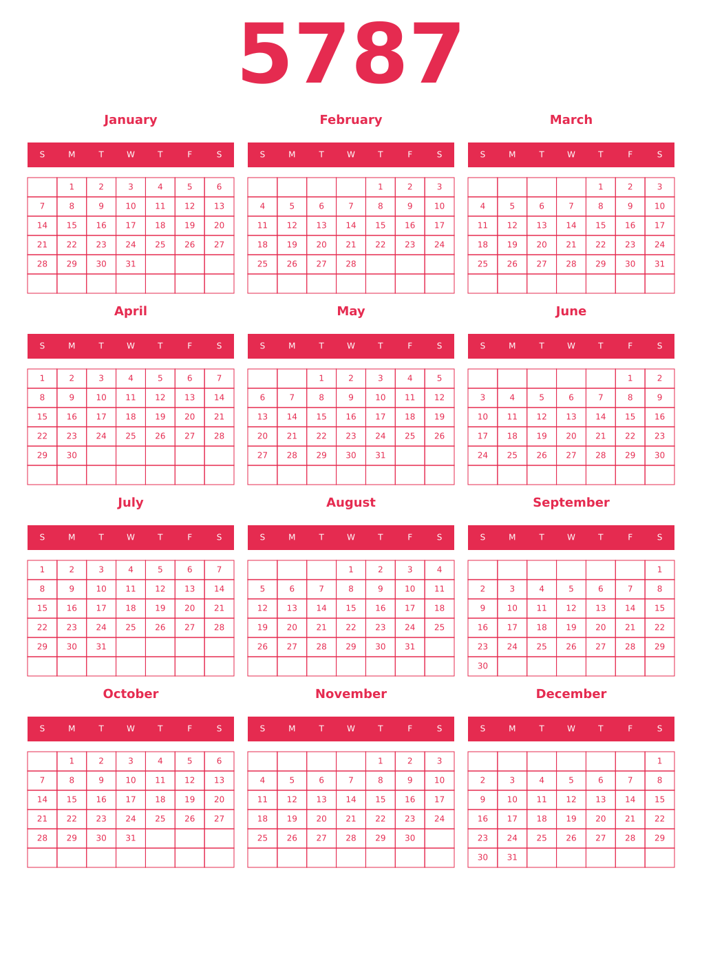 Printable 5787 Year Calendars amaranth