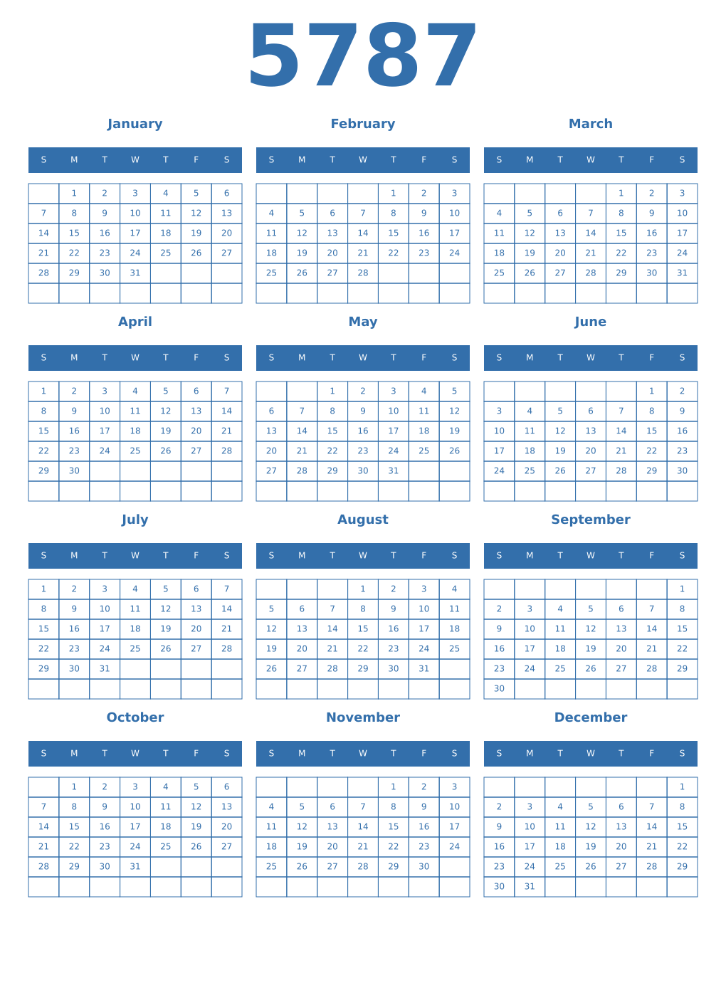Printable 5787 Year Calendars blue