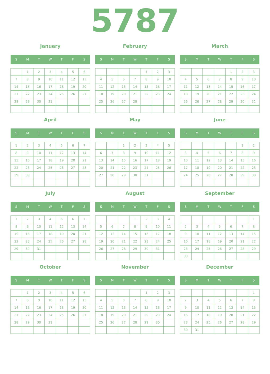 Printable 5787 Year Calendars celadon