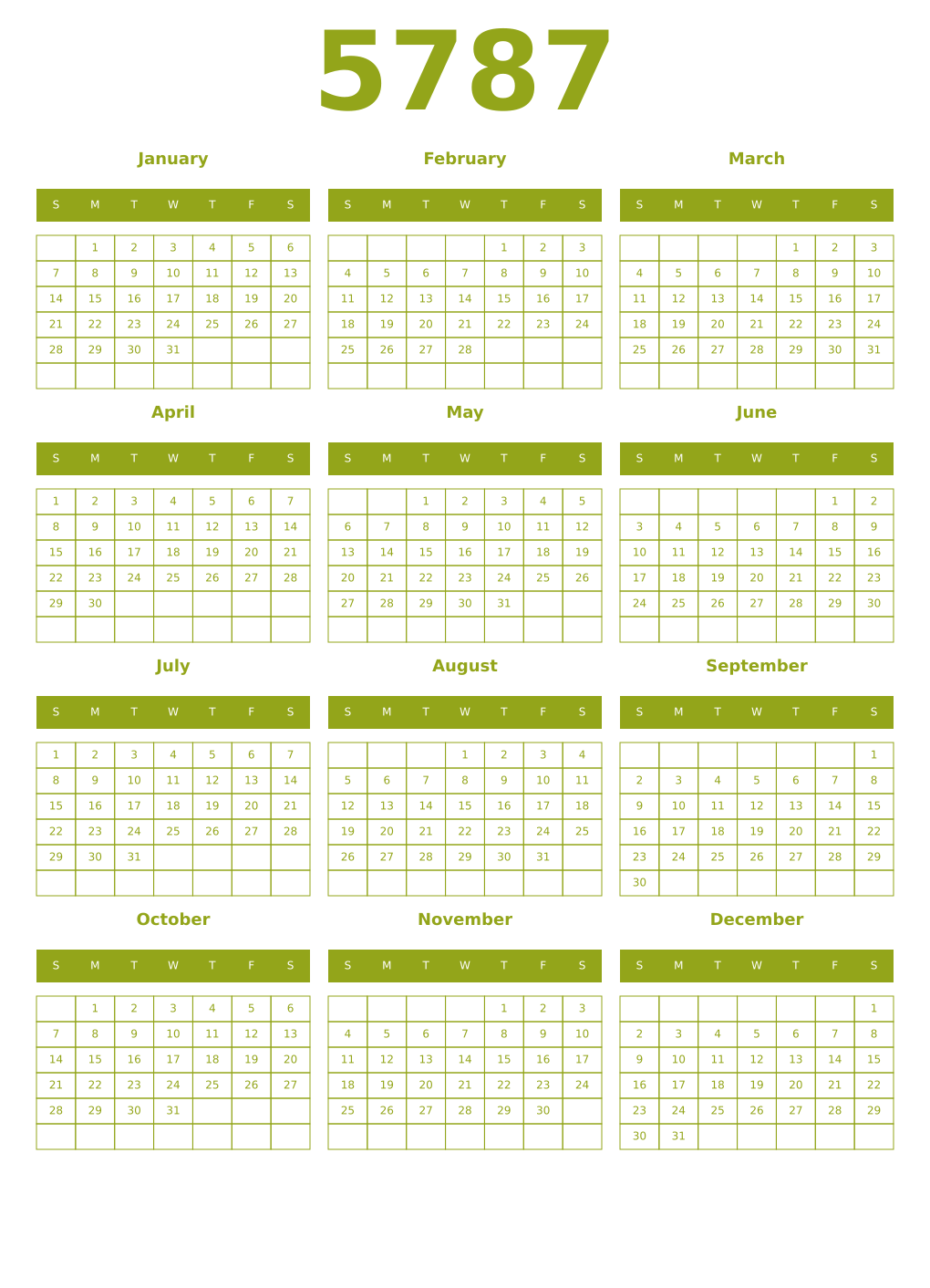 Printable 5787 Year Calendars chartreuse