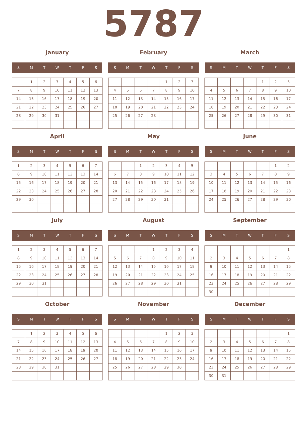 Printable 5787 Year Calendars coffe