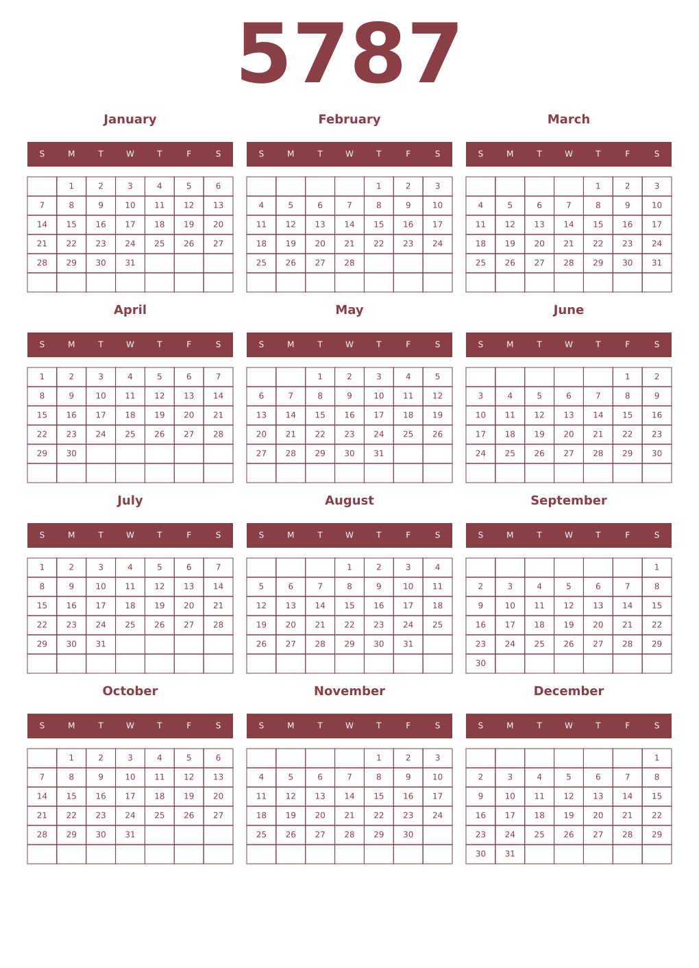 Printable 5787 Year Calendars cordovan