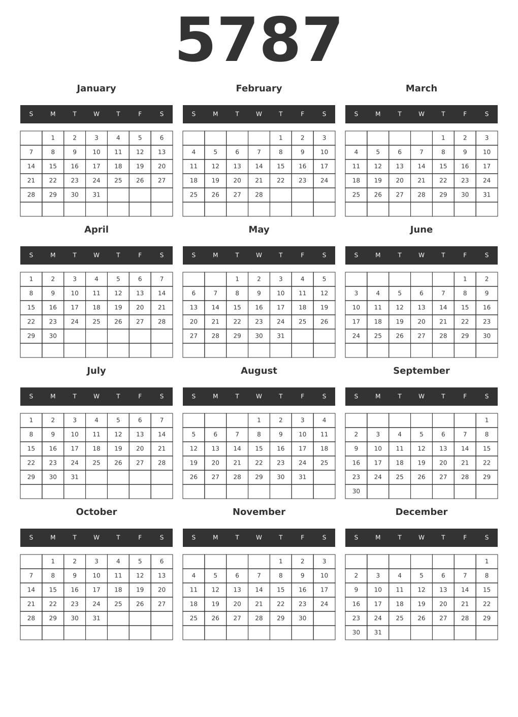 Printable 5787 Year Calendars dark