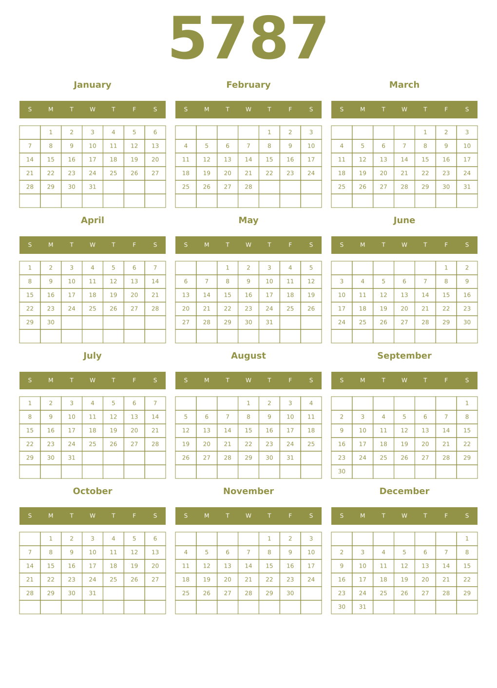 Printable 5787 Year Calendars eburnean